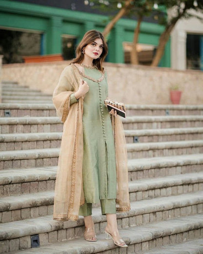 Beautiful Pista colour Double decker suit 3 pcs